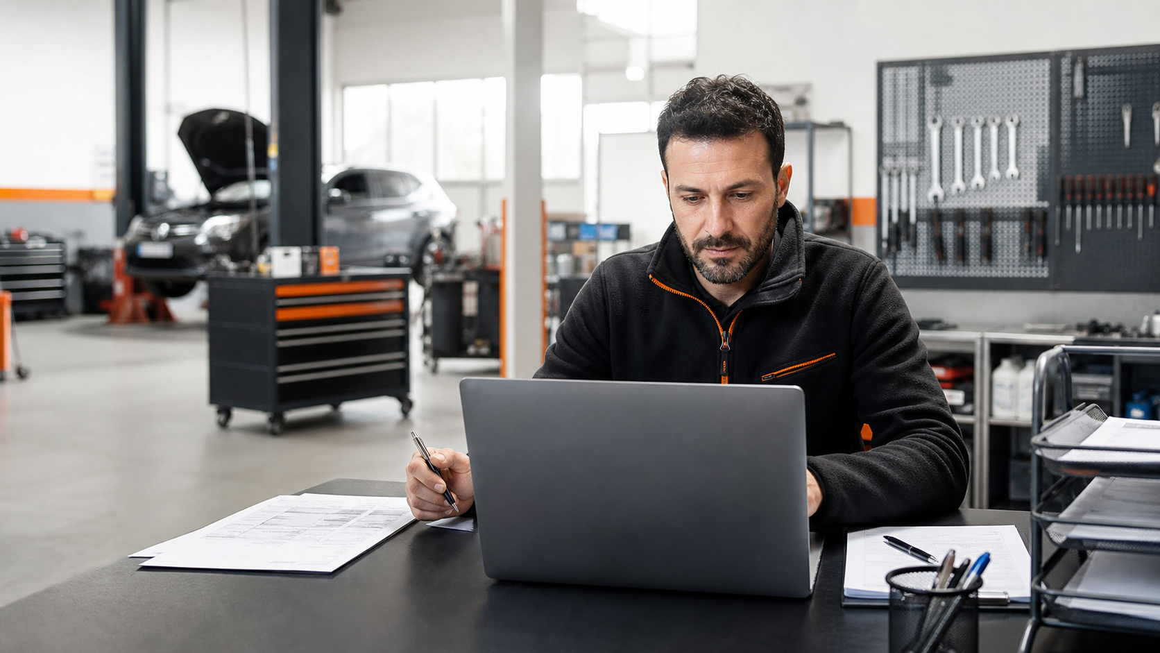 Officina meccanica con strumenti digitali per automazioni AI