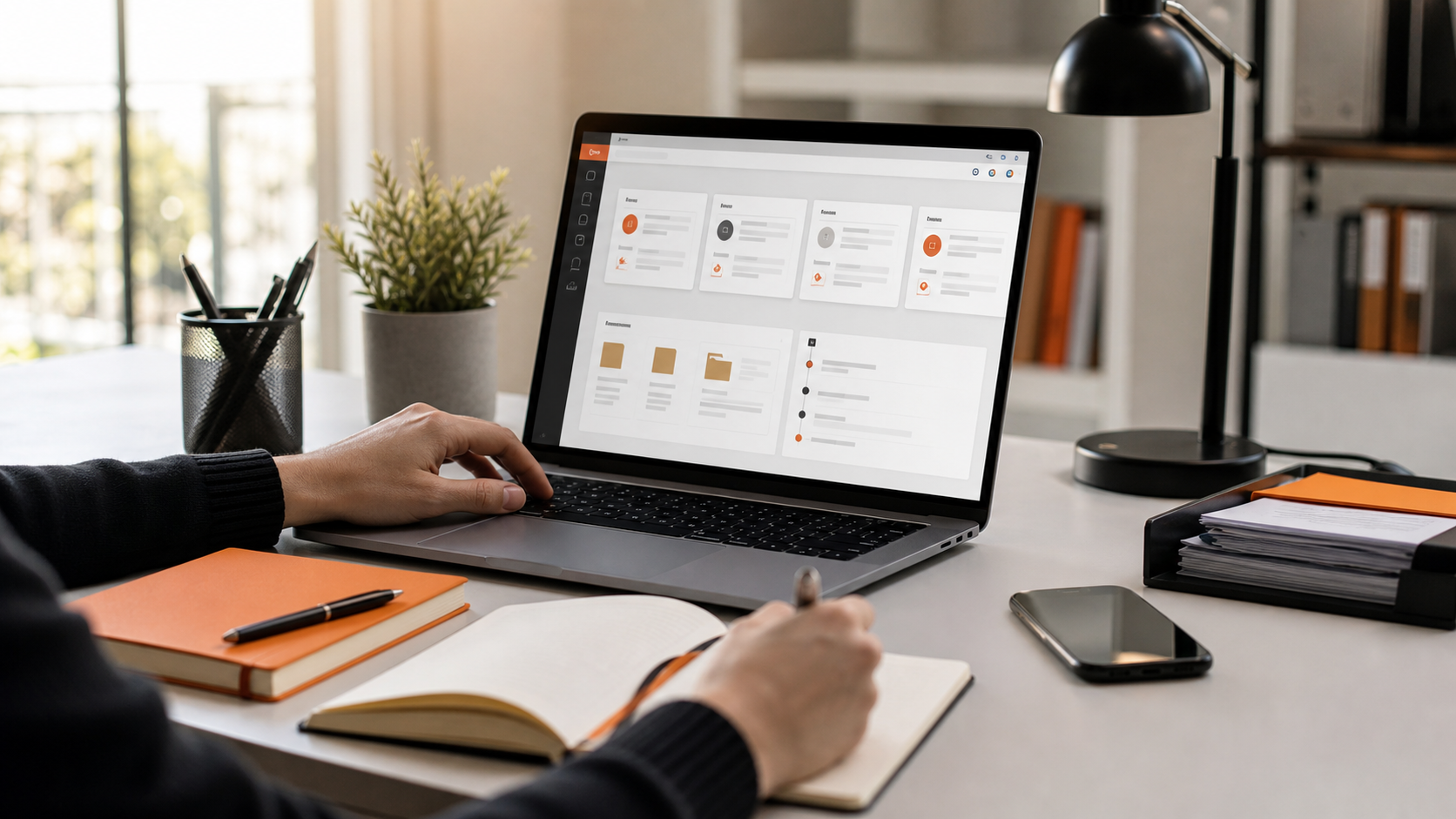 Scrivania professionale con laptop che mostra un CRM astratto per lead documenti e follow-up