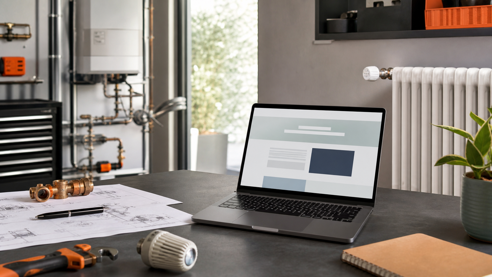 Postazione tecnica termoidraulica con laptop e sito web astratto, radiatore e componenti per impianti