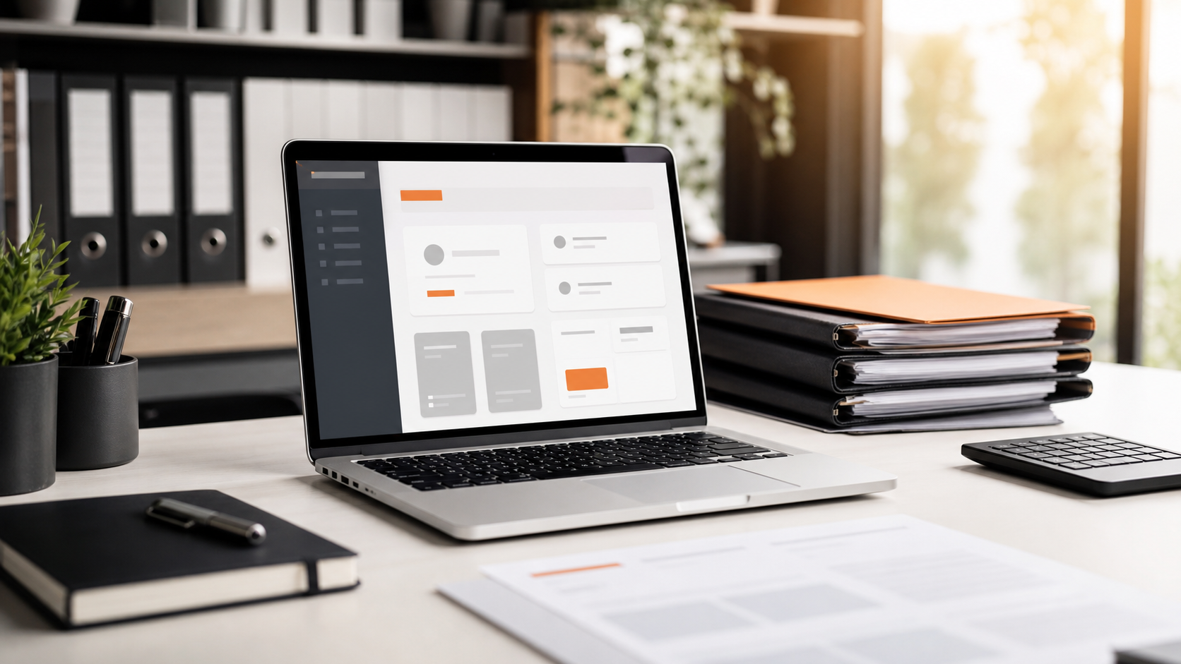 Scrivania di studio commercialista con laptop portale clienti e documenti ordinati