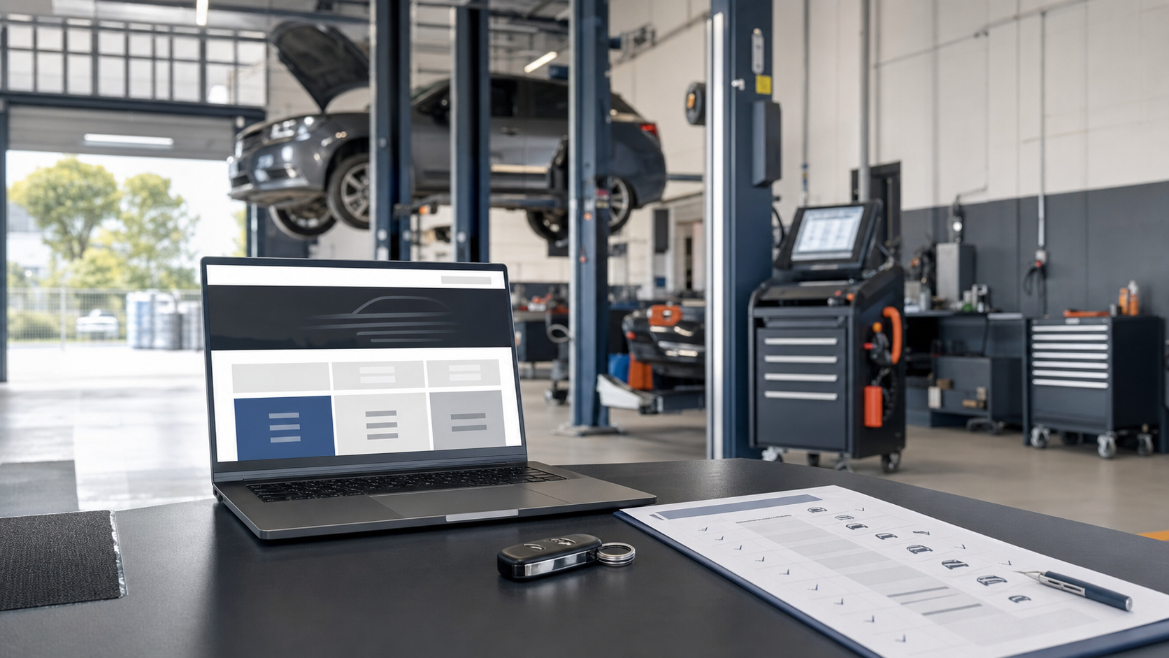 Officina ordinata con veicolo sul ponte, laptop con sito web astratto e strumenti diagnostici