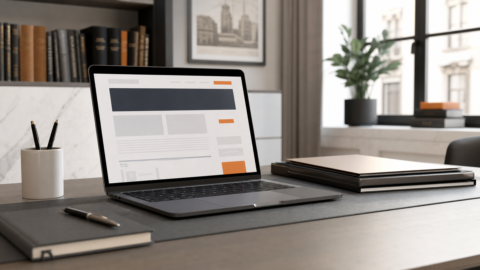 Scrivania elegante di studio legale con laptop e layout web astratto